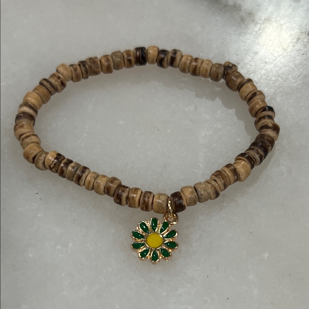 Wood Beaded Stretch Bracelet with Flower Charm
